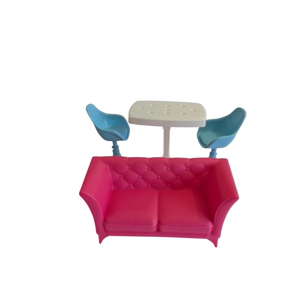 Barbie Pink Tufted Sofa Blue Pedestal Chairs White Table Furniture Set Mattel